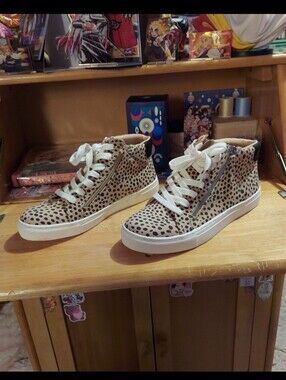 High top beige with black polka dot & white accent sneakers